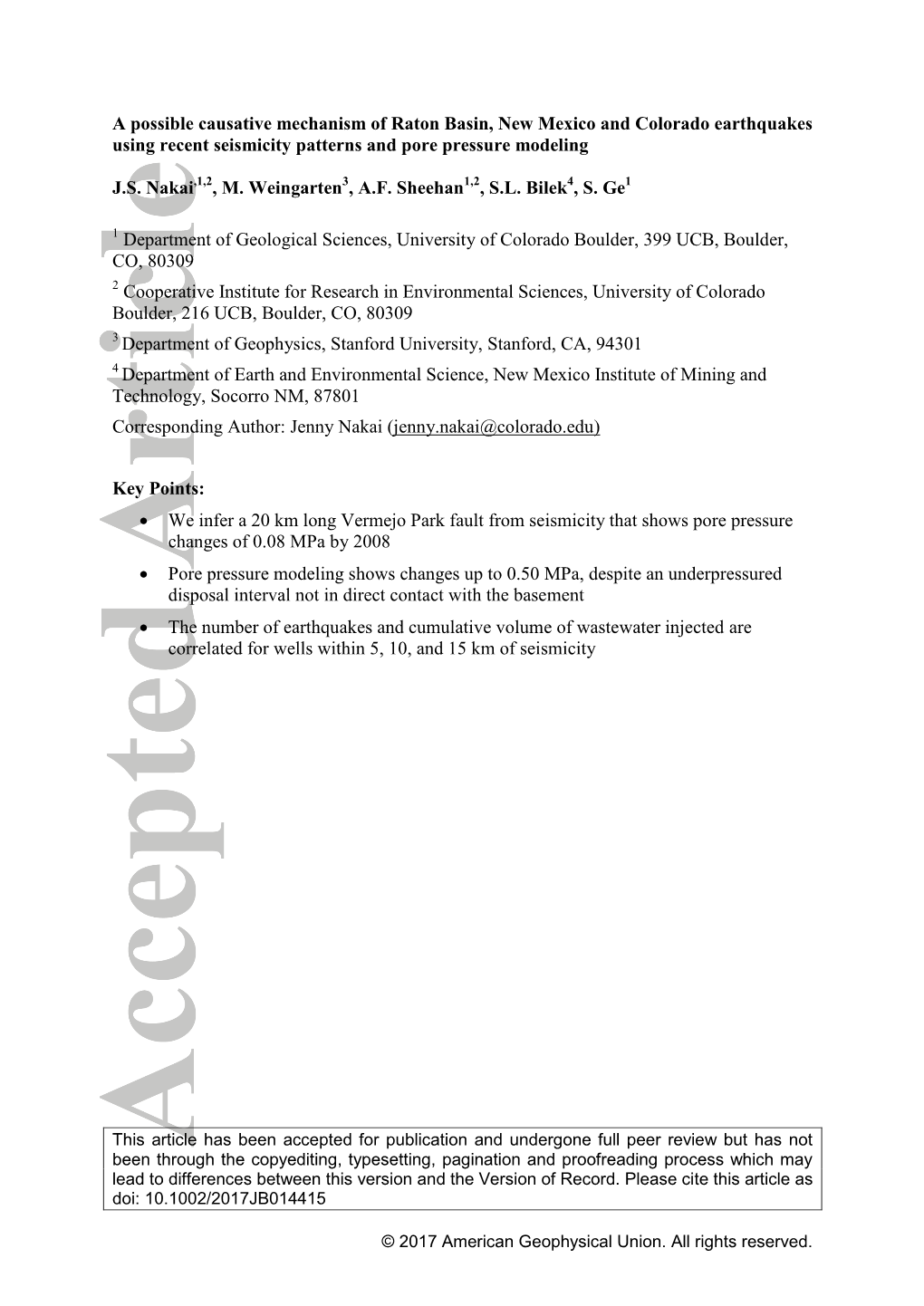 A Possible Causative Mechanism of Raton Basin, New Mexico and Colorado Earthquakes Using Recent Seismicity Patterns and Pore Pressure Modeling