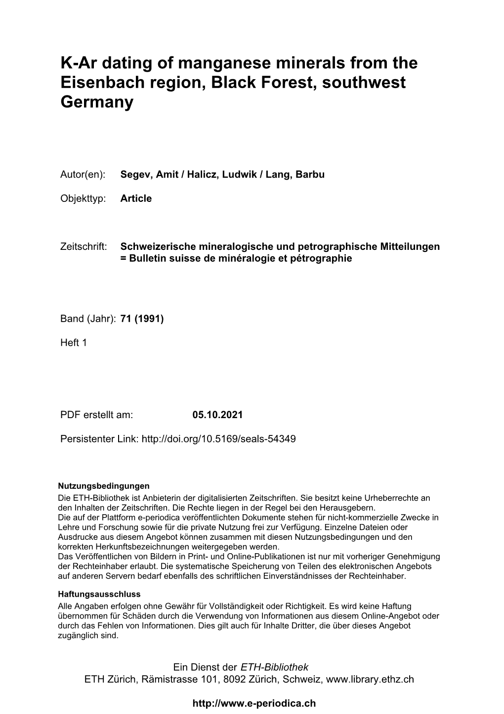 K-Ar Dating of Manganese Minerals from the Eisenbach Region, Black Forest, Southwest Germany