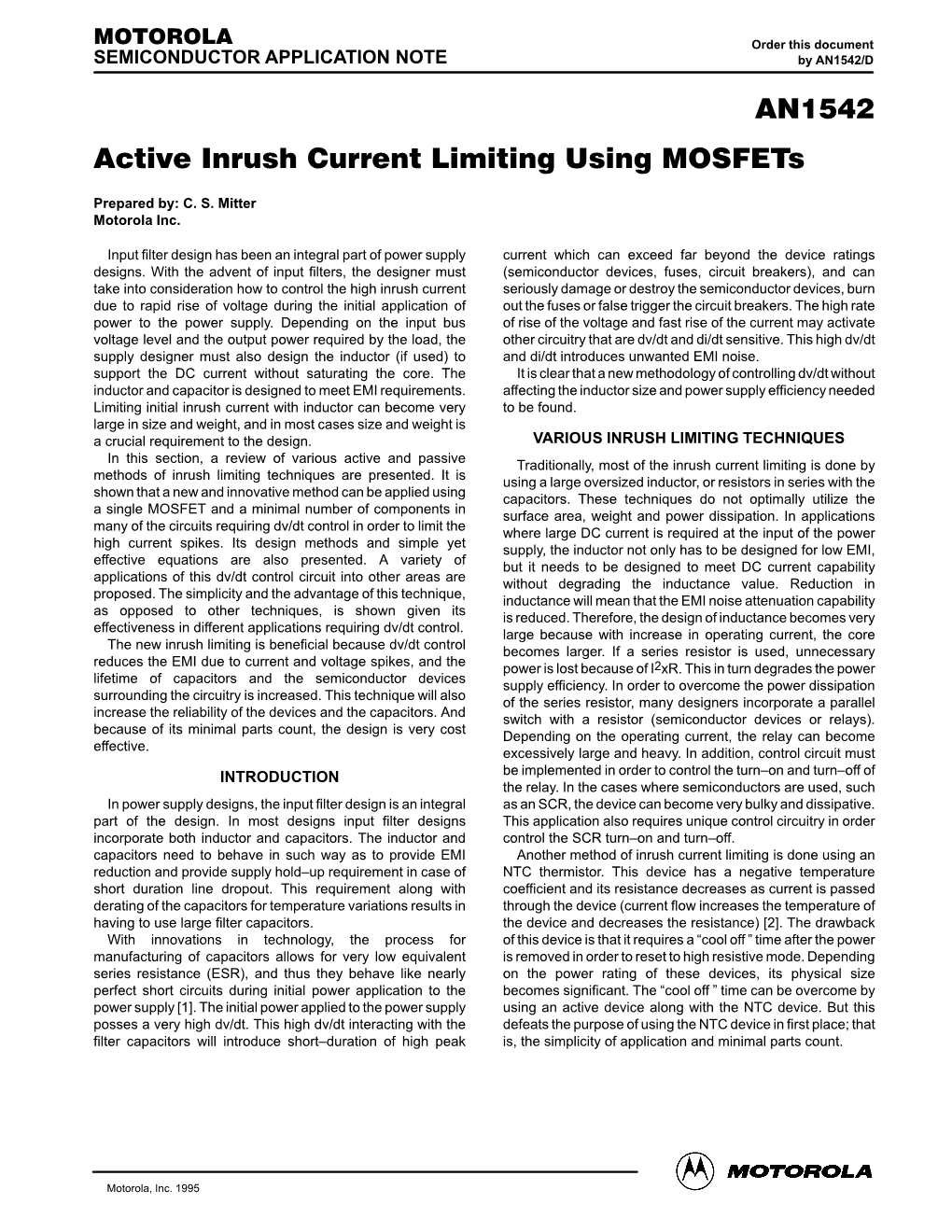 AN1542 Active Inrush Current Limiting Using Mosfets