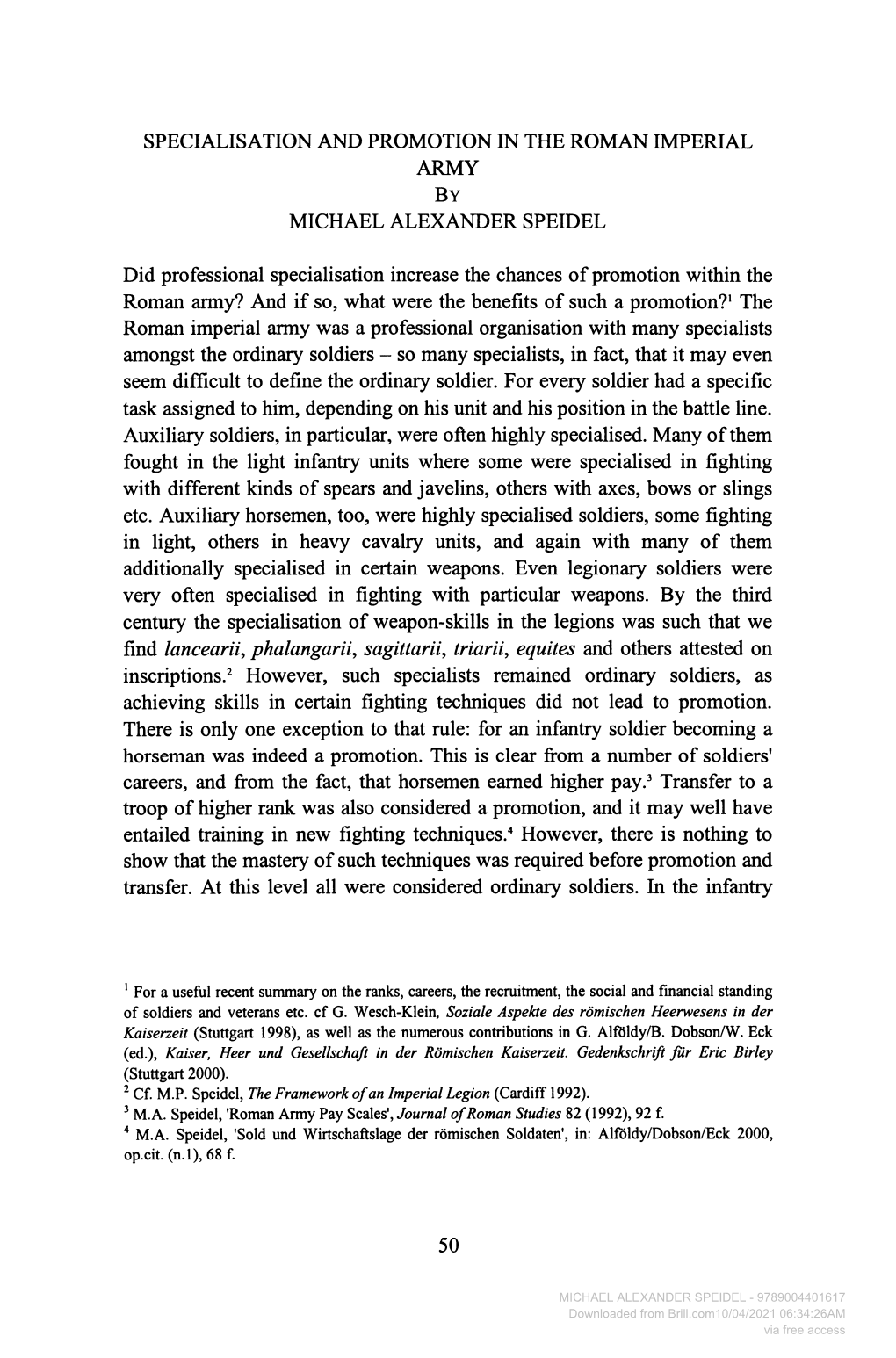 Specialisation and Promotion in the Roman Imperial Army by Michael Alexander Speidel