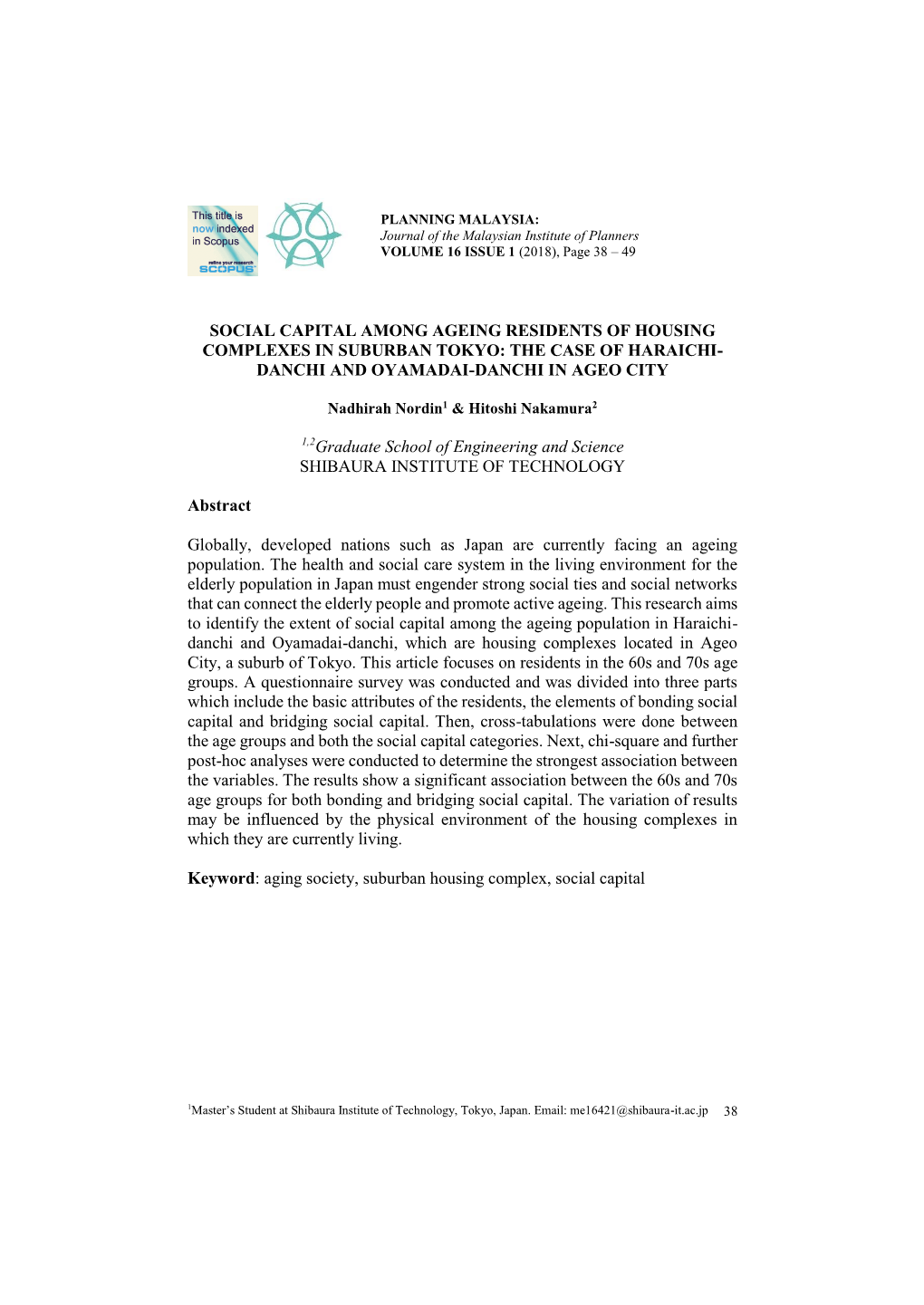 Social Capital Among Ageing Residents of Housing Complexes in Suburban Tokyo: the Case of Haraichi- Danchi and Oyamadai-Danchi in Ageo City