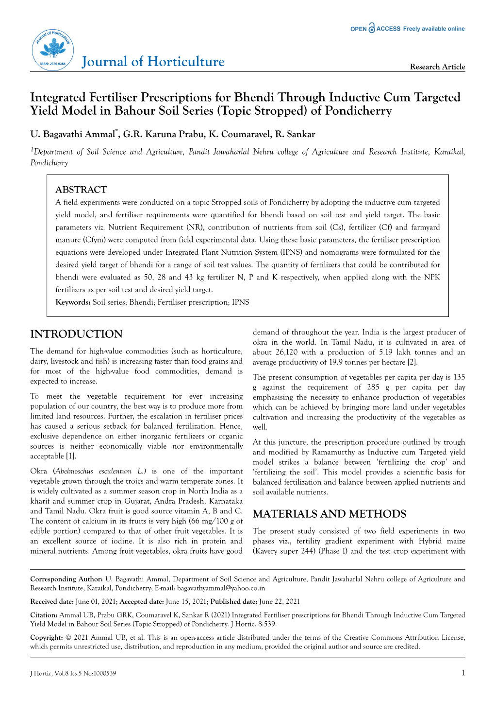 Integrated Fertiliser Prescriptions for Bhendi Through Inductive Cum Targeted Yield Model in Bahour Soil Series (Topic Stropped) of Pondicherry