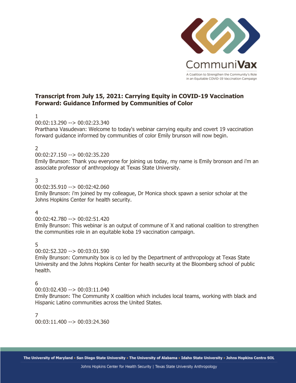 Transcript from July 15, 2021: Carrying Equity in COVID-19 Vaccination Forward: Guidance Informed by Communities of Color