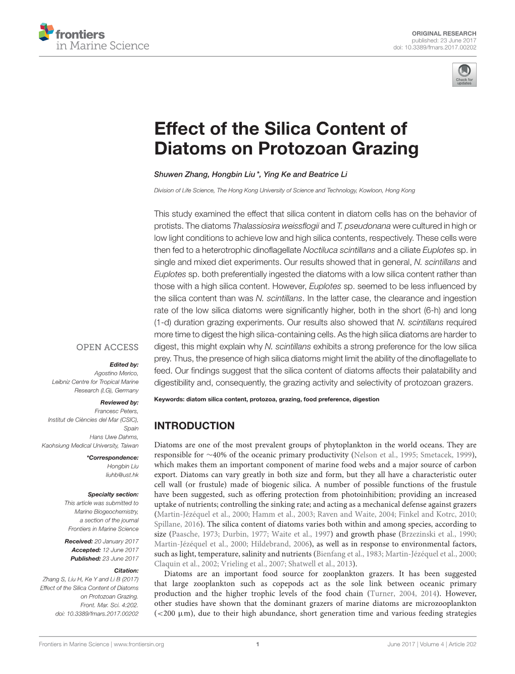 Effect of the Silica Content of Diatoms on Protozoan Grazing