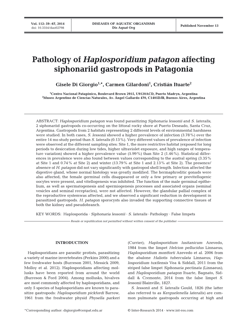 Pathology of Haplosporidium Patagon Affecting Siphonariid Gastropods in Patagonia