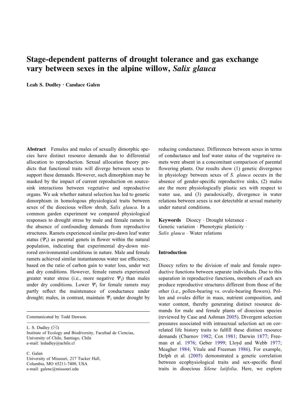 Stage-Dependent Patterns of Drought Tolerance and Gas Exchange Vary Between Sexes in the Alpine Willow, Salix Glauca