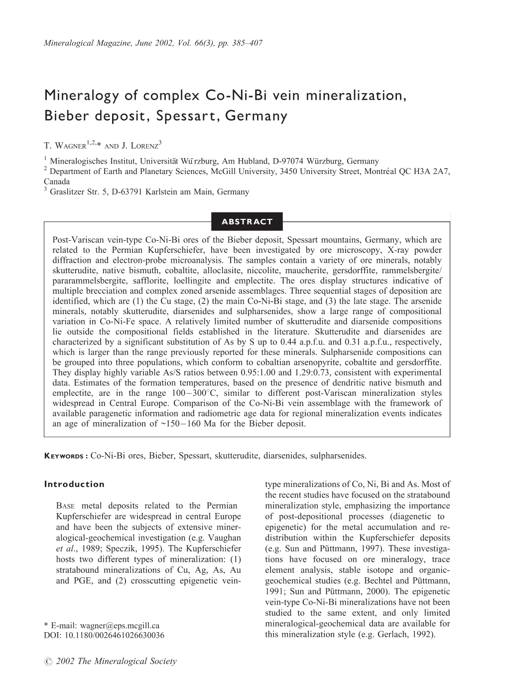 Mineralogy of Complex Co-Ni-Bi Vein Mineralization, Bieber Deposit