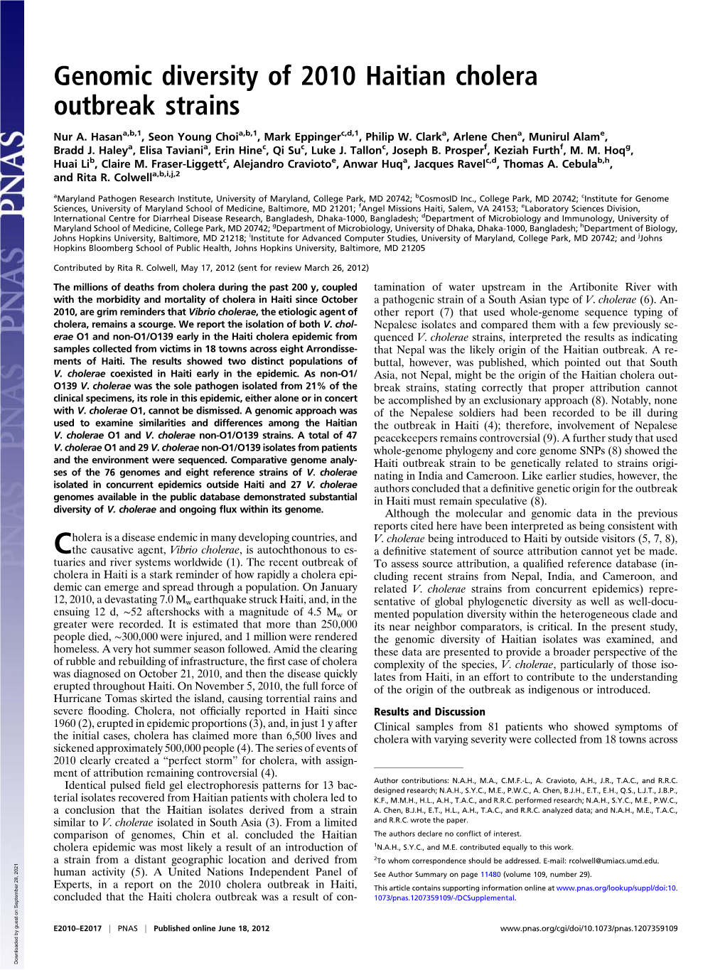 Genomic Diversity of 2010 Haitian Cholera Outbreak Strains