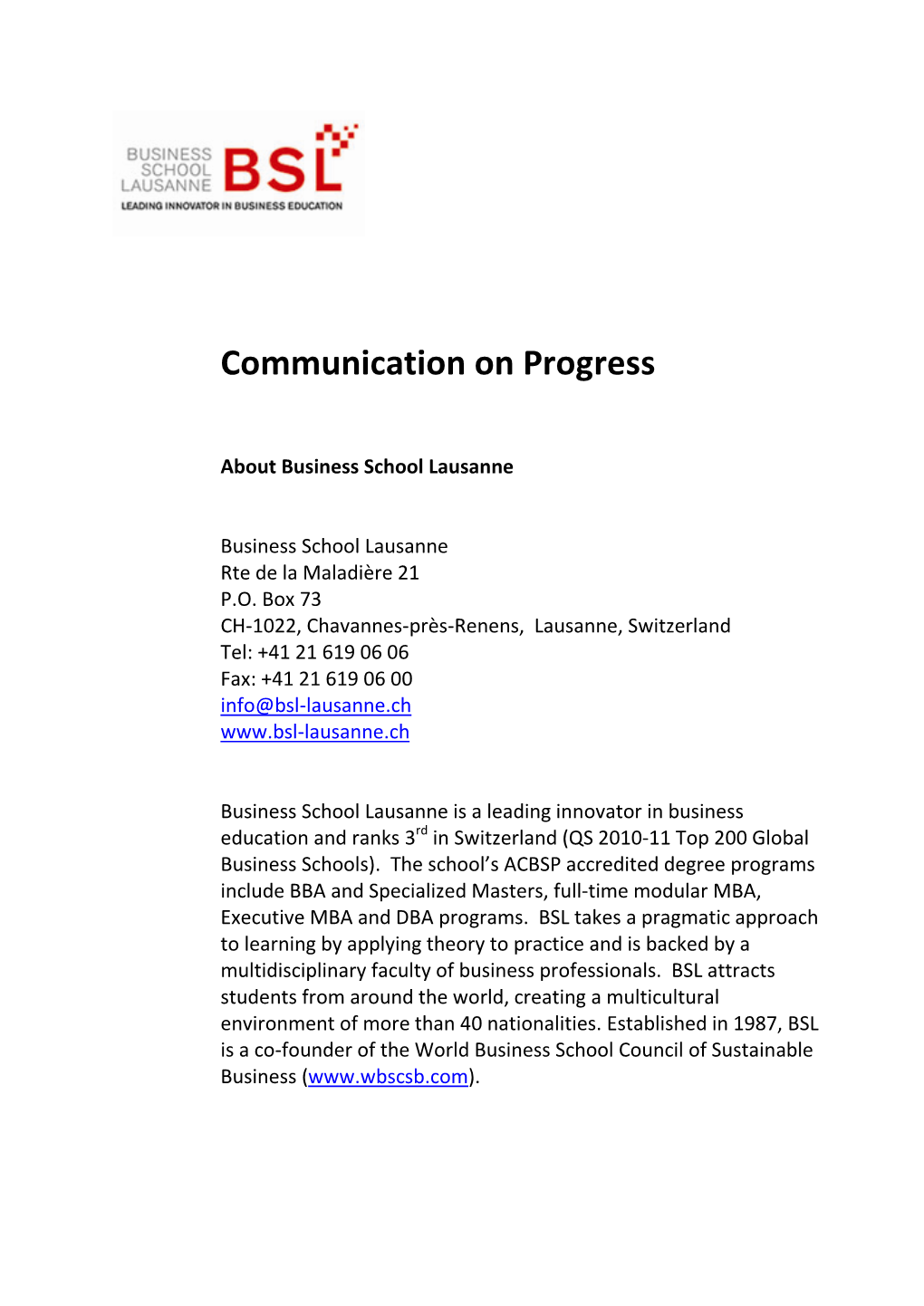 Communication on Progress