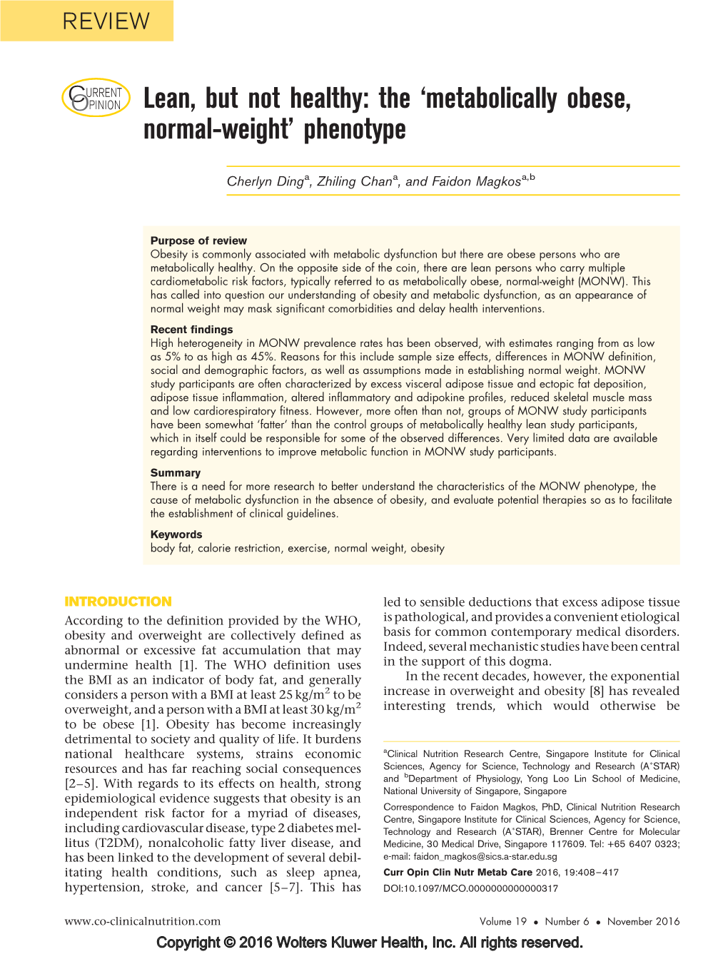 Lean, but Not Healthy: the 'Metabolically Obese, Normal-Weight'