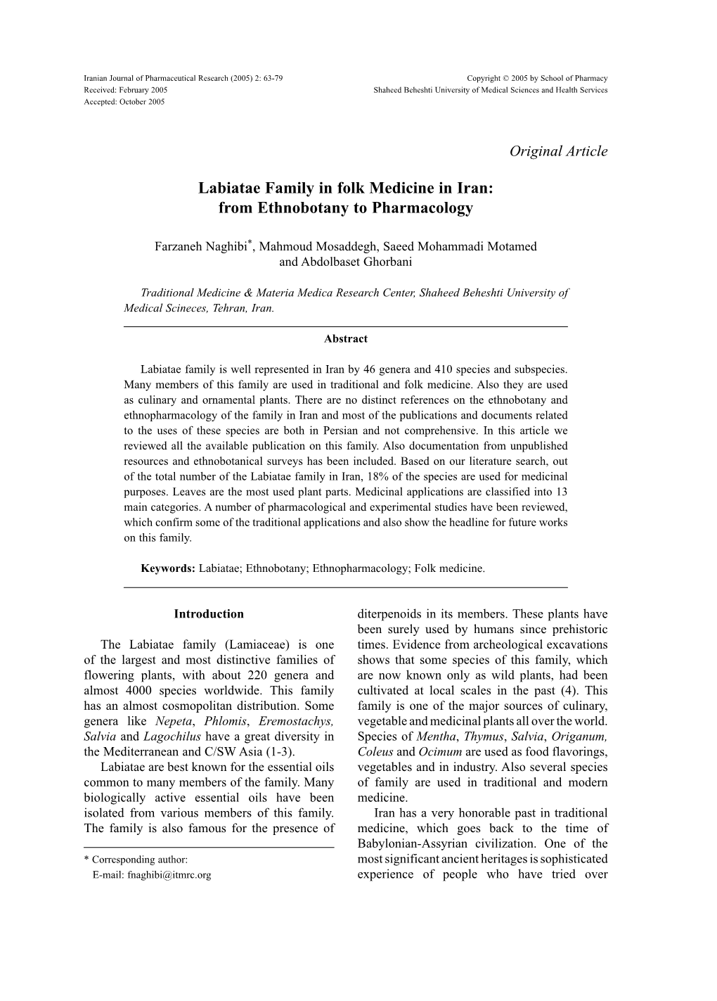 Labiatae Family in Folk Medicine in Iran: from Ethnobotany to Pharmacology