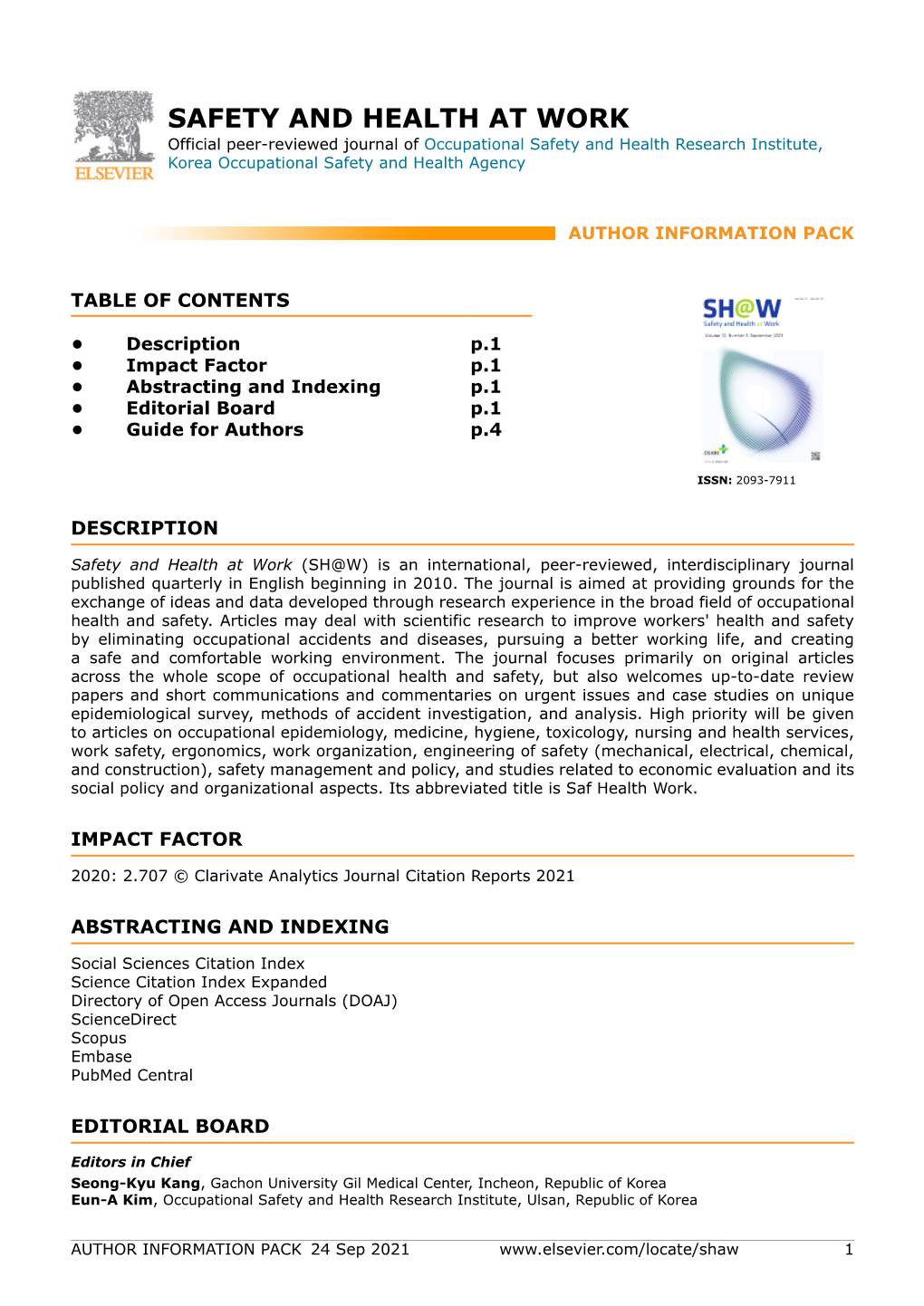 SAFETY and HEALTH at WORK Official Peer-Reviewed Journal of Occupational Safety and Health Research Institute, Korea Occupational Safety and Health Agency