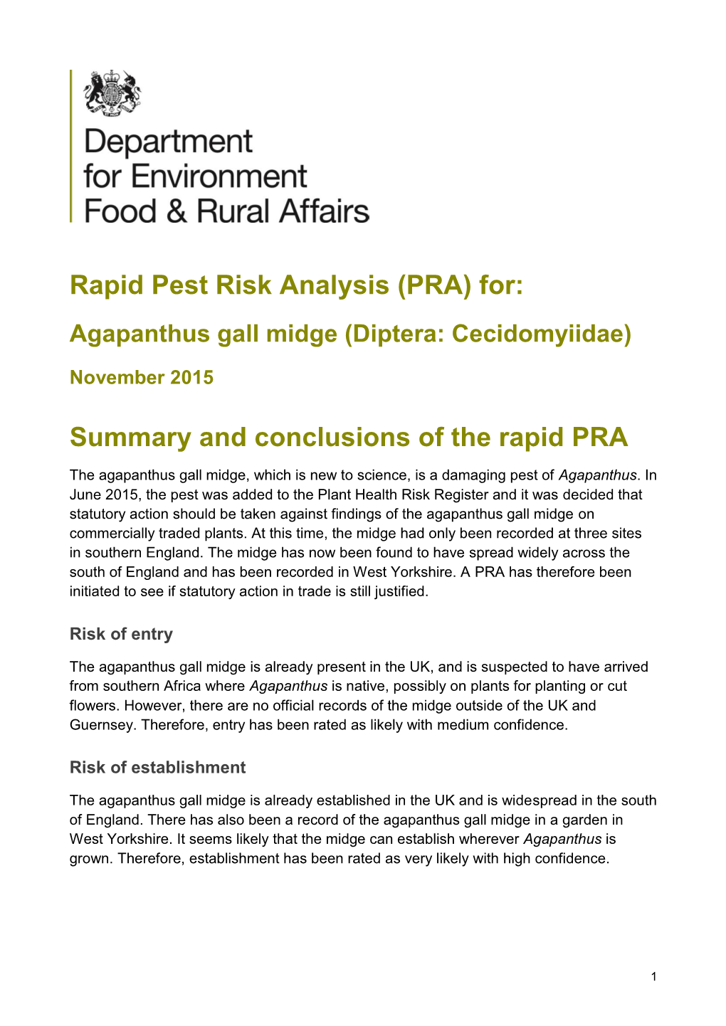 Rapid Pest Risk Analysis (PRA) For: Summary and Conclusions of The