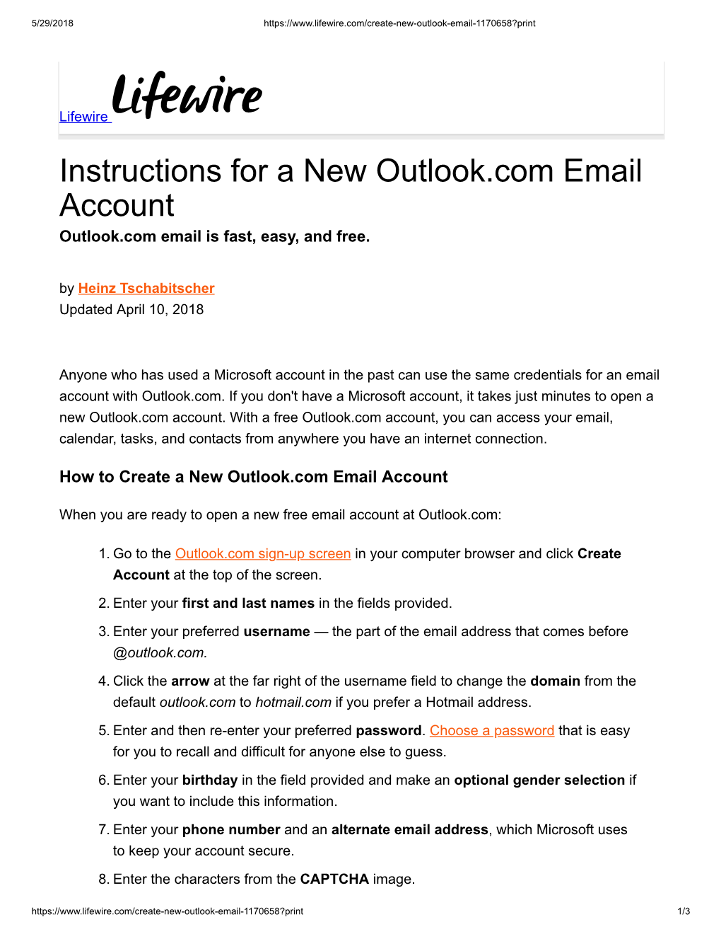 Instructions for a New Outlook.Com Email Account Outlook.Com Email Is Fast, Easy, and Free