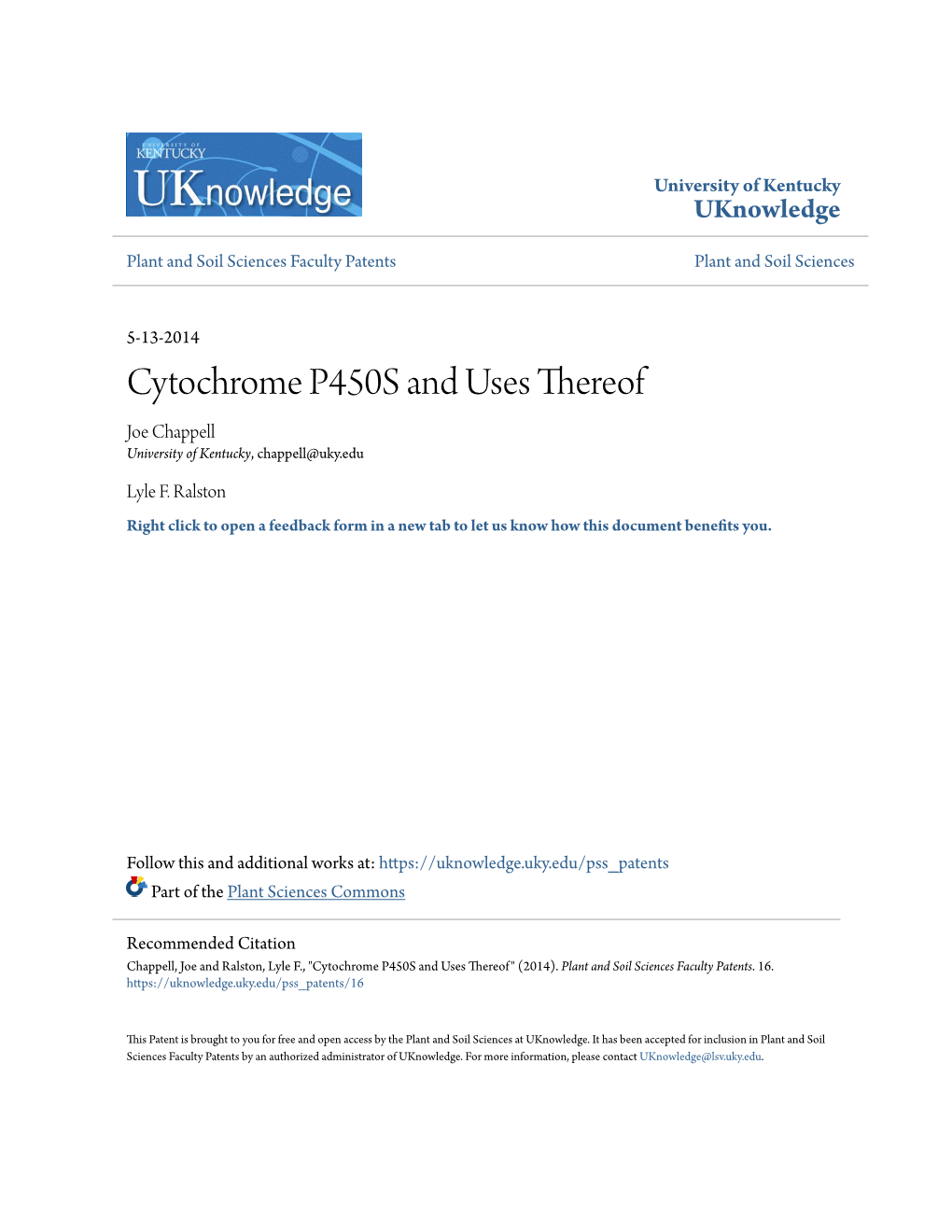 Cytochrome P450S and Uses Thereof Joe Chappell University of Kentucky, Chappell@Uky.Edu