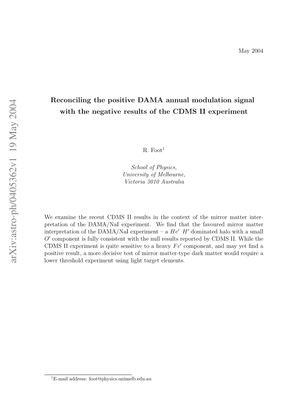 Arxiv:Astro-Ph/0405362V1 19 May 2004