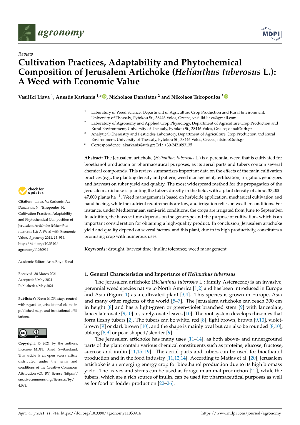 Cultivation Practices, Adaptability and Phytochemical Composition of Jerusalem Artichoke (Helianthus Tuberosus L.): a Weed with Economic Value