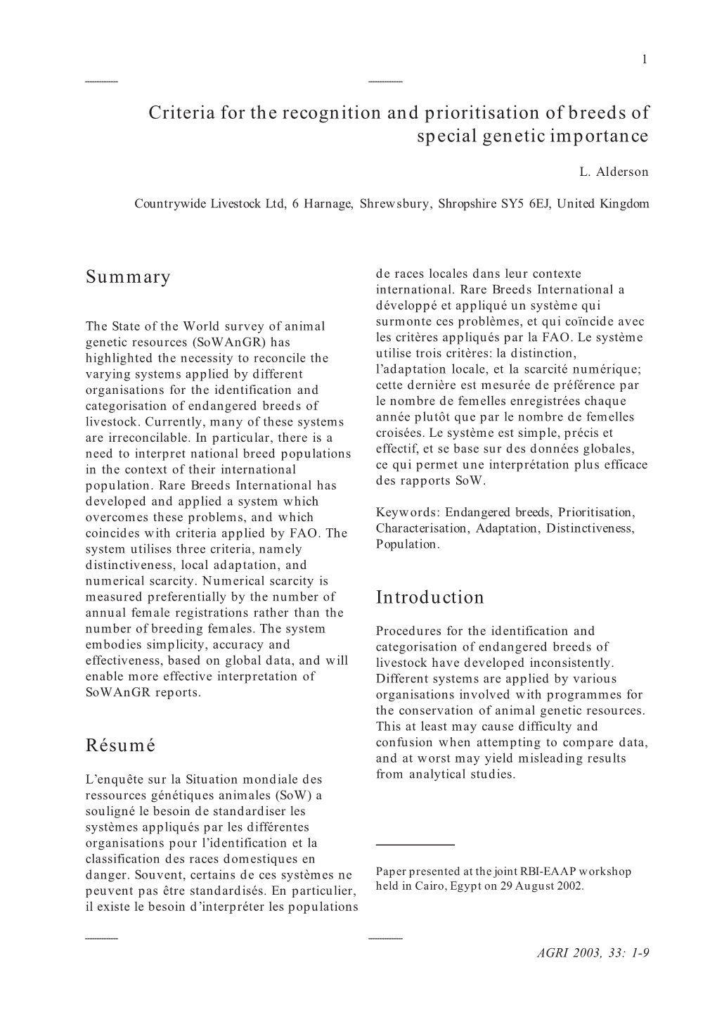 Criteria for the Recognition and Prioritisation of Breeds of Special Genetic Importance