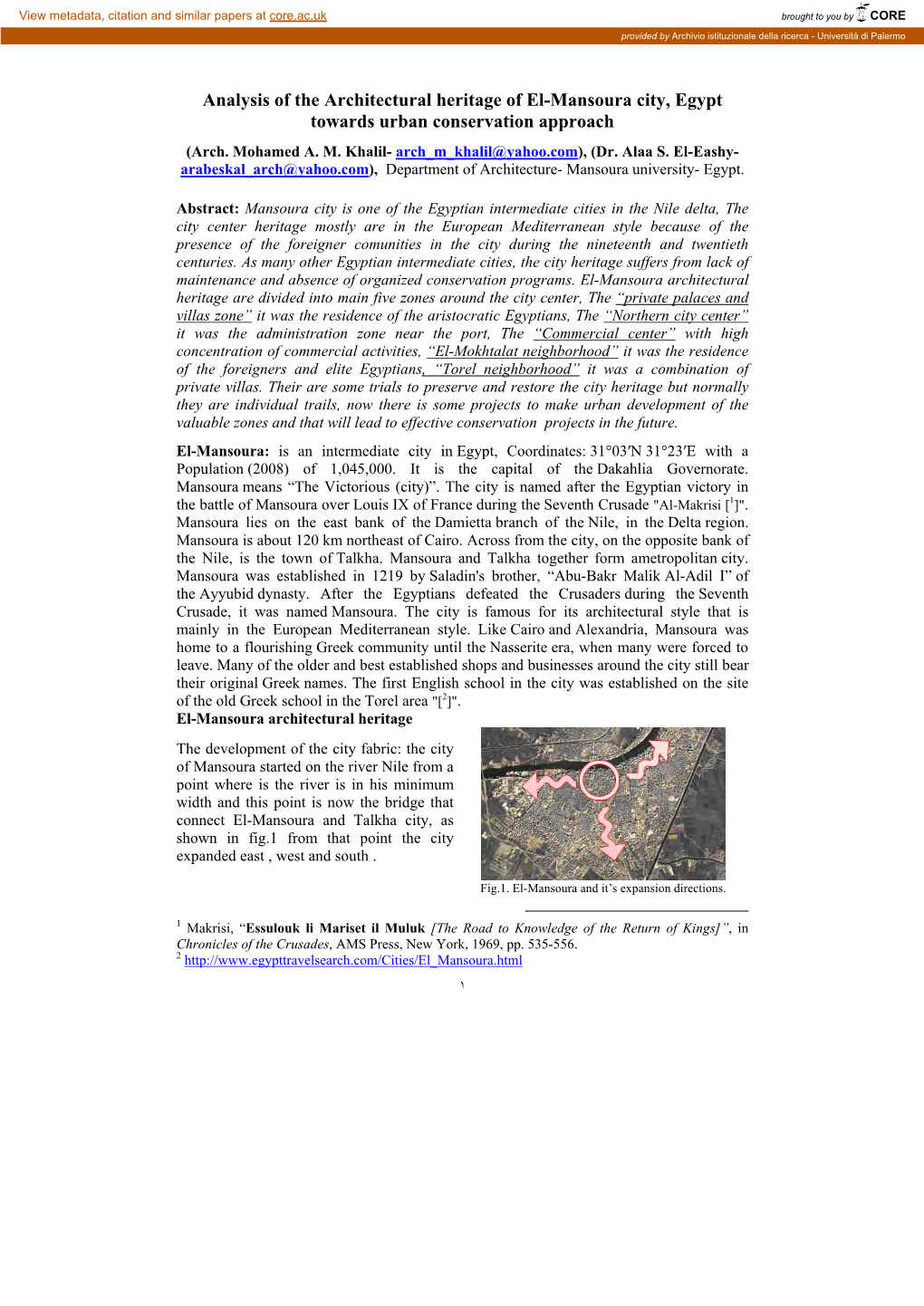 Analysis of the Architectural Heritage of El-Mansoura City, Egypt Towards Urban Conservation Approach