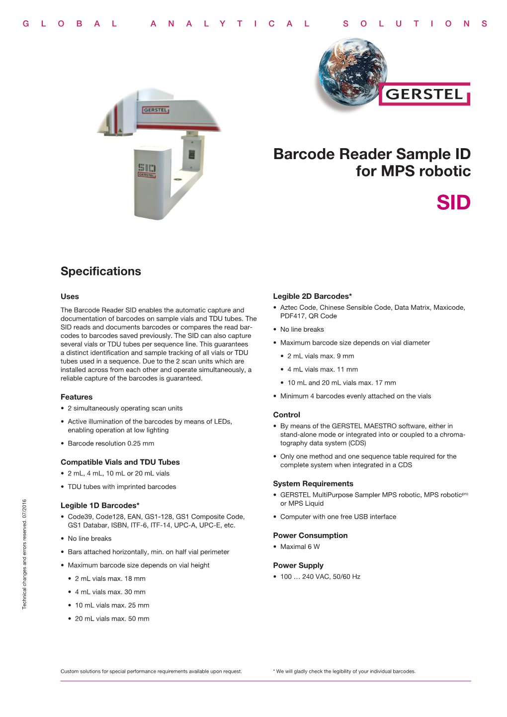 Spec Sheet Barcode Reader SID for Mpsrobotic