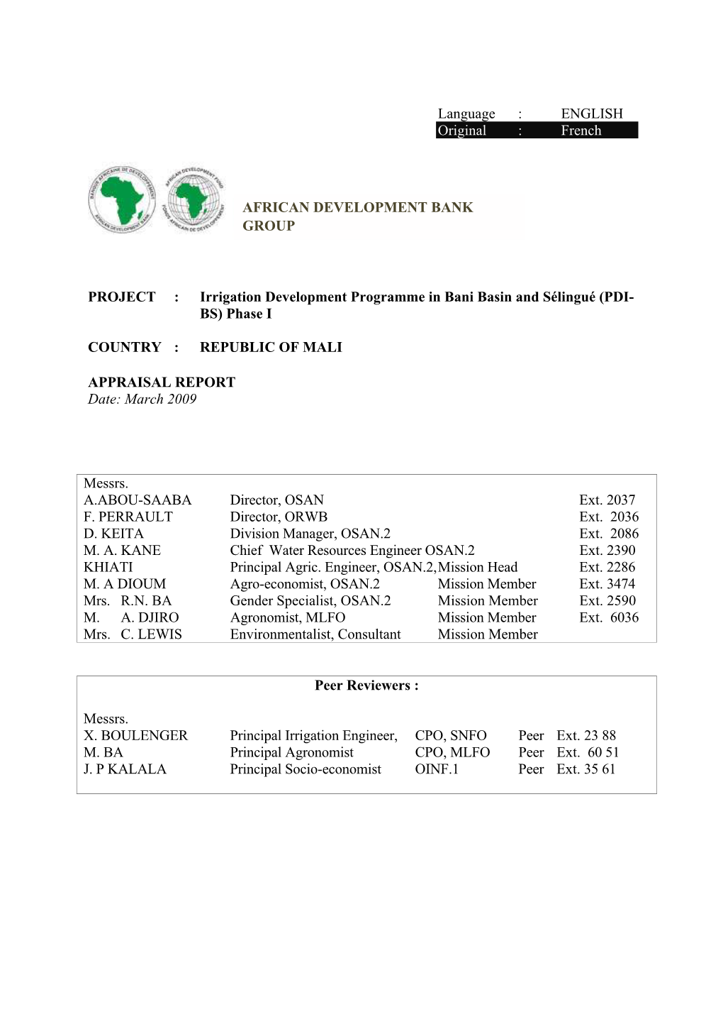 Irrigation Development Programme in Bani Basin and Sélingué (PDI- BS) Phase I