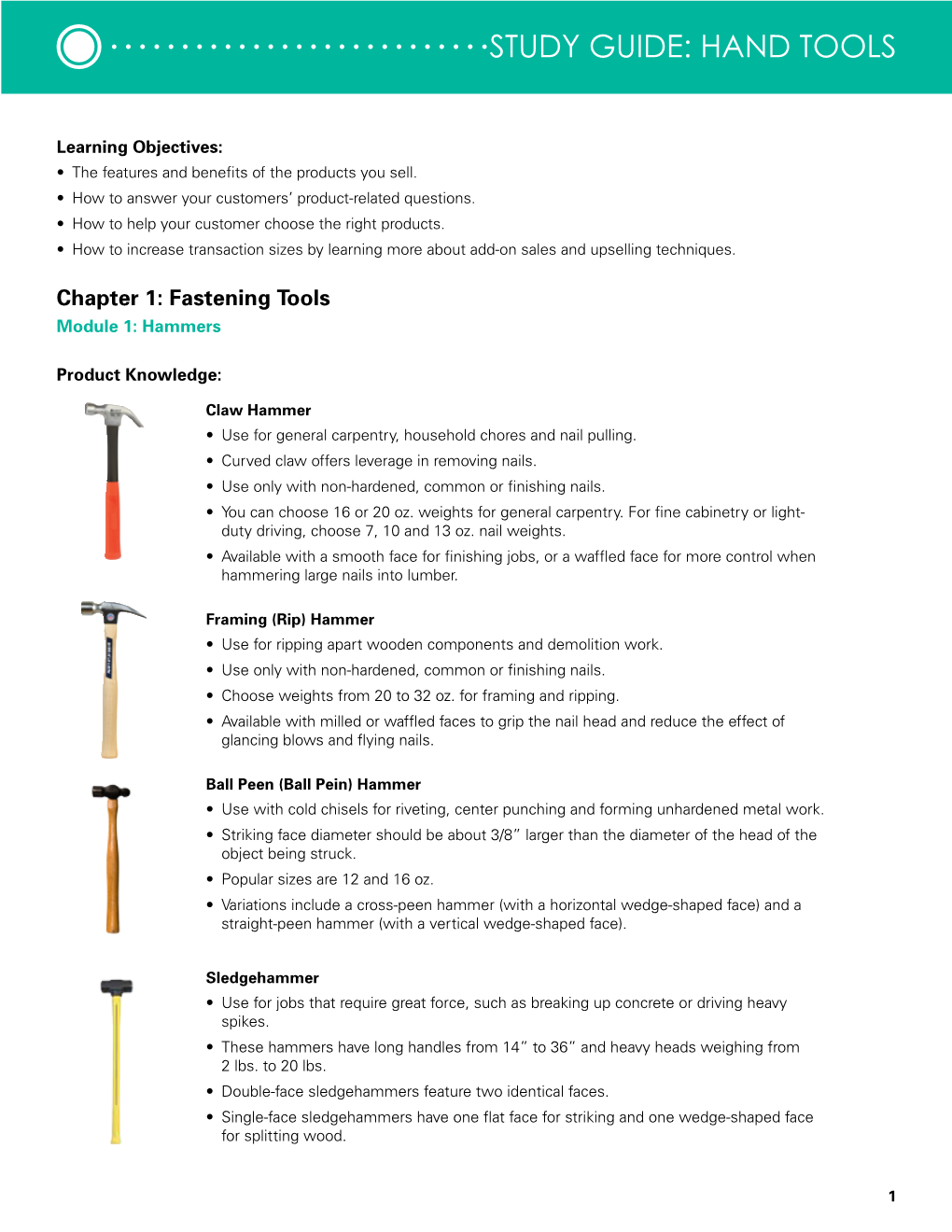 Study Guide: Hand Tools