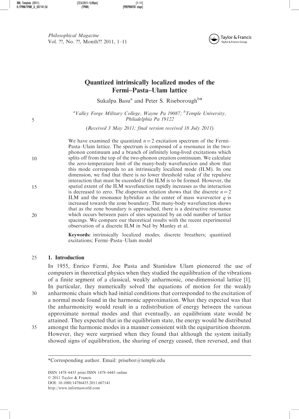 Quantized Intrinsically Localized Modes of the Fermi–Pasta–Ulam Lattice Sukalpa Basua and Peter S