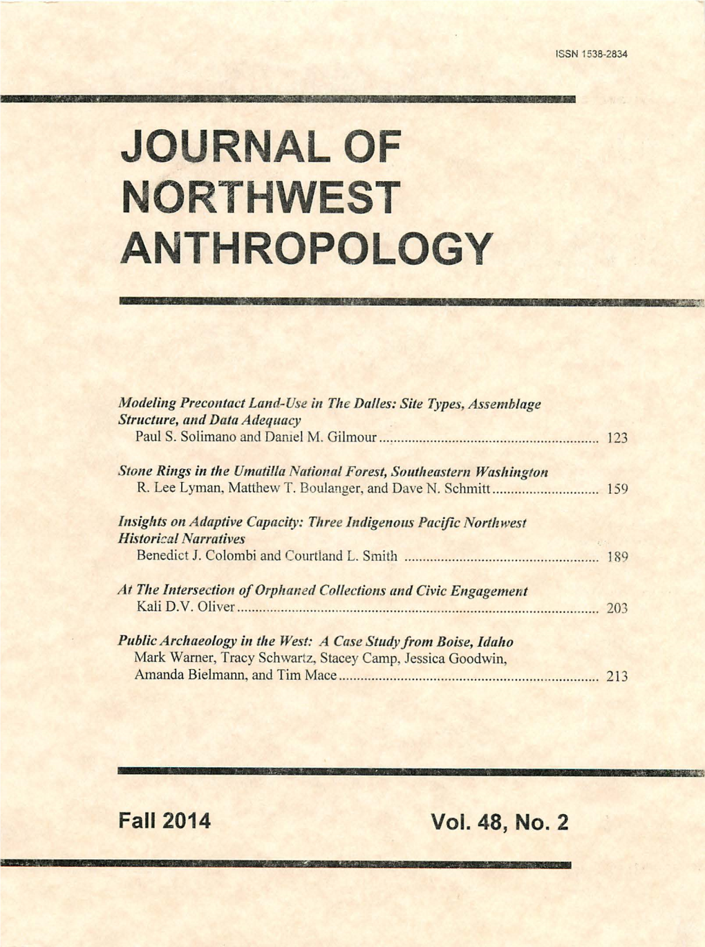 Journal of Northwest Anthropology Menioir Series