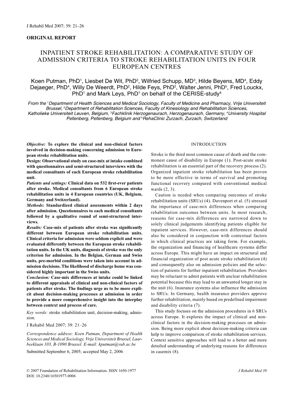 Inpatient Stroke Rehabilitation: a Comparative Study of Admission Criteria to Stroke Rehabilitation Units in Four European Centres