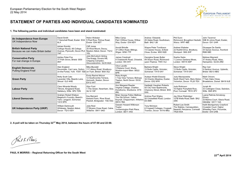 Statement of Parties and Individual Candidates Nominated