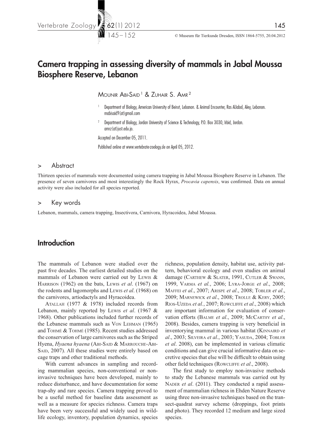 Camera Trapping in Assessing Diversity of Mammals in Jabal Moussa Biosphere Reserve, Lebanon