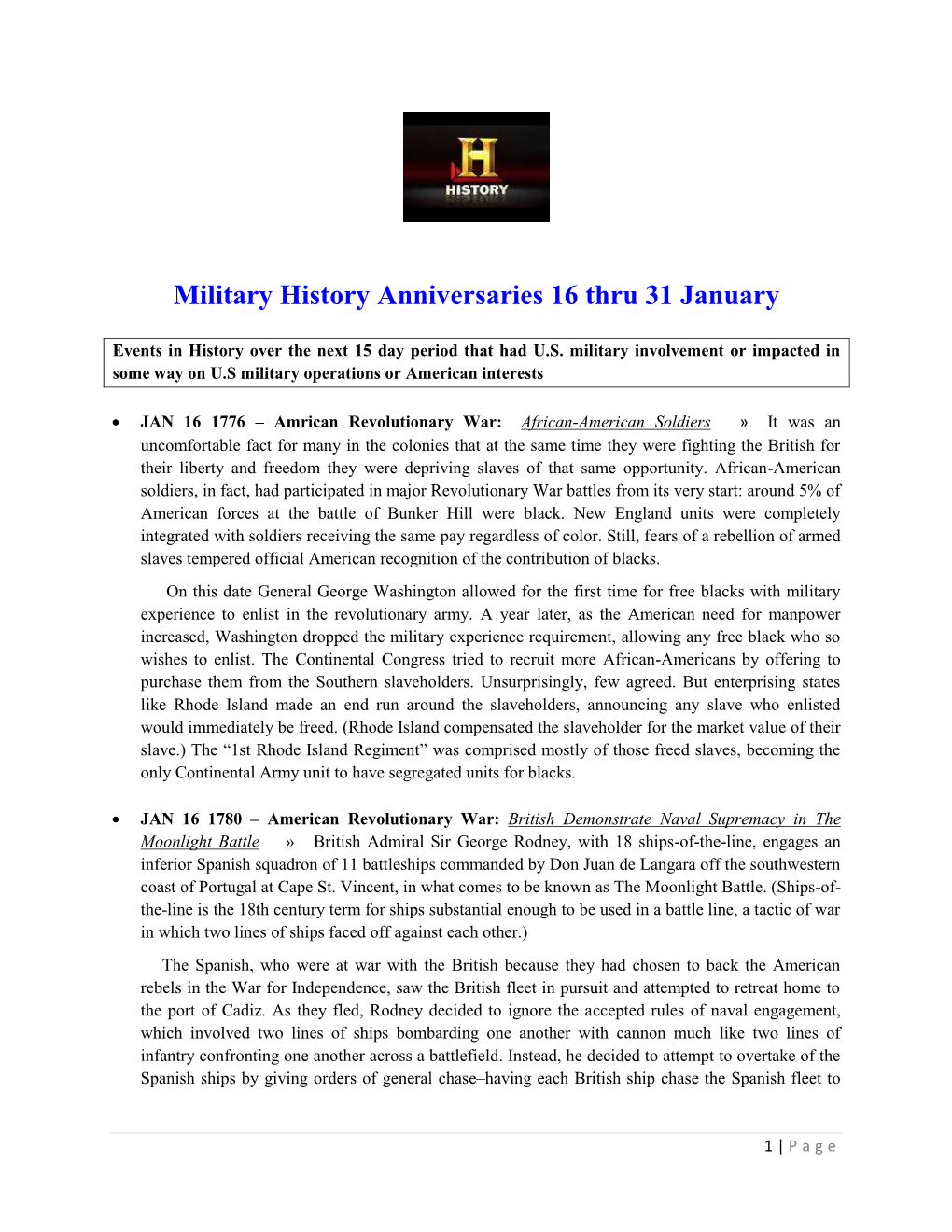 Military History Anniversaries 16 Thru 31 January