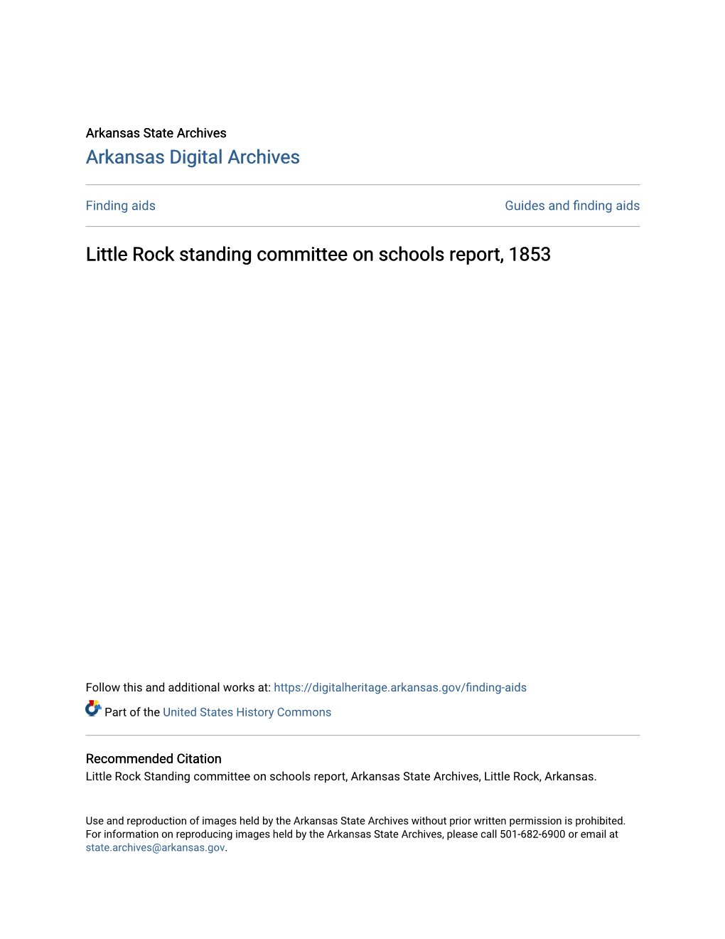 Little Rock Standing Committee on Schools Report, 1853