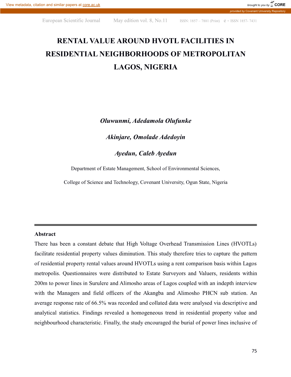 Rental Value Around Hvotl Facilities in Residential Neighborhoods of Metropolitan Lagos, Nigeria