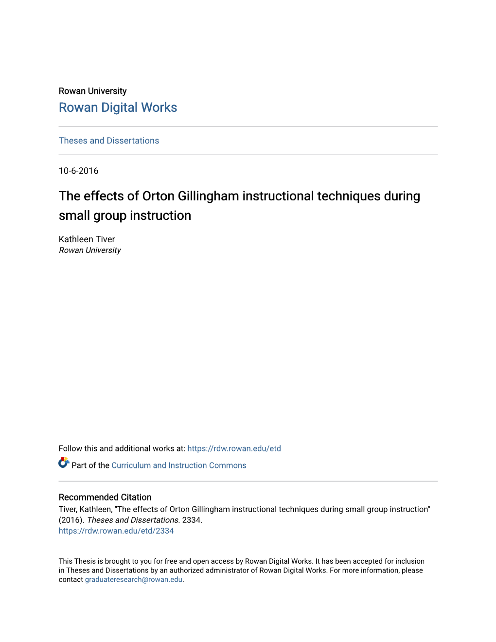 The Effects of Orton Gillingham Instructional Techniques During Small Group Instruction