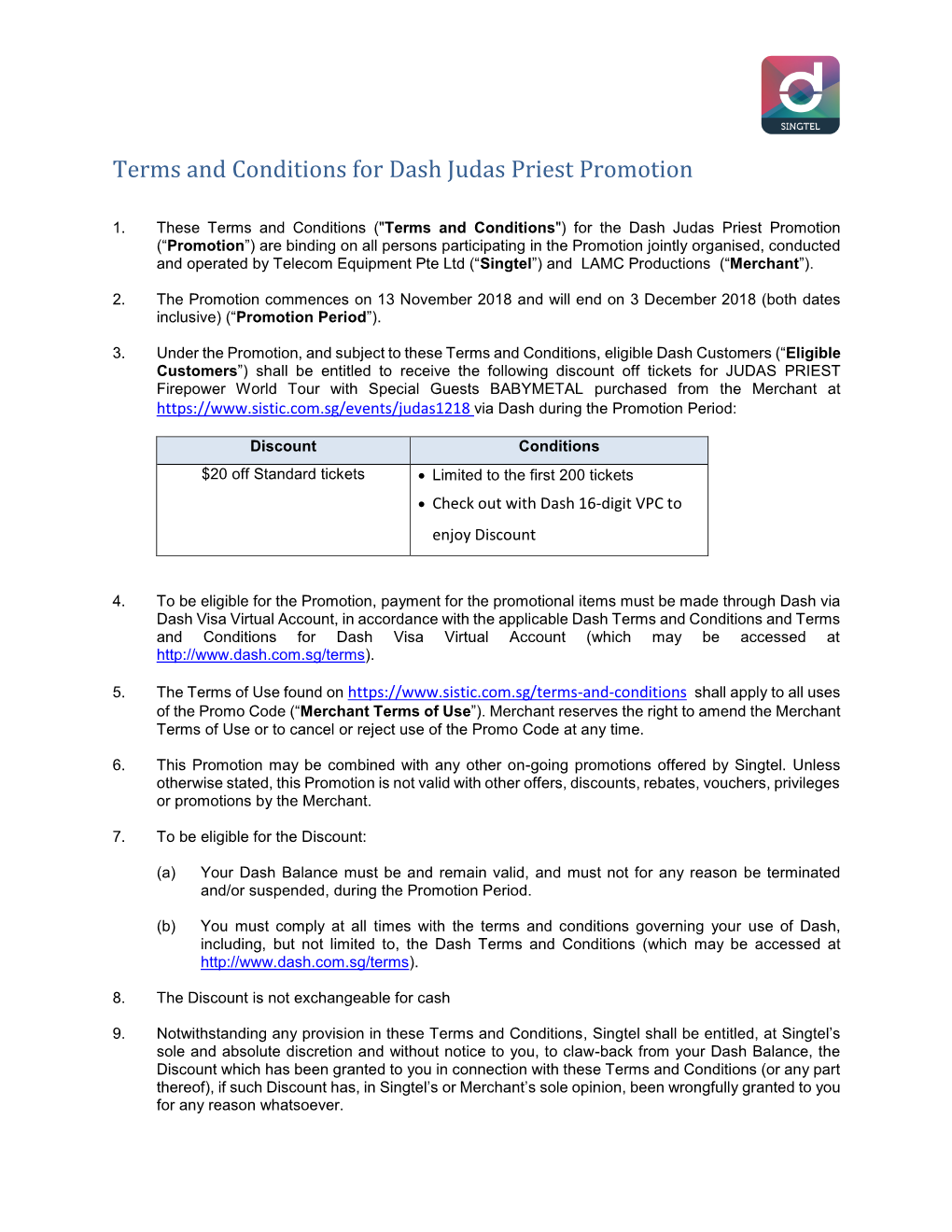 Terms and Conditions for Dash Judas Priest Promotion