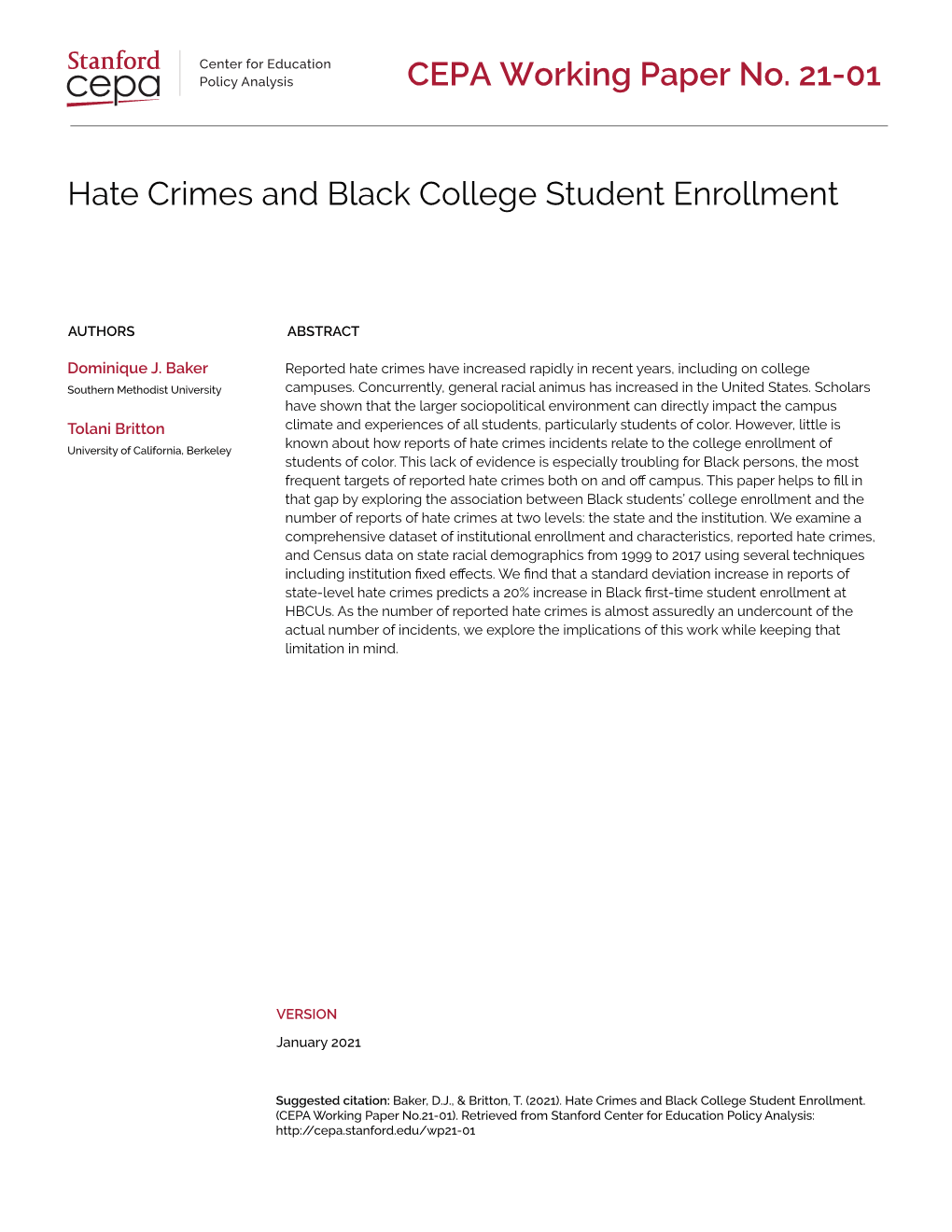 Hate Crimes and Black College Student Enrollment