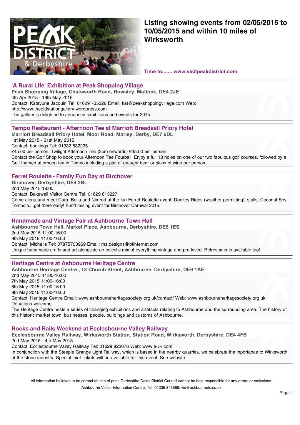 Listing Showing Events from 02/05/2015 to 10/05/2015 and Within 10 Miles of Wirksworth