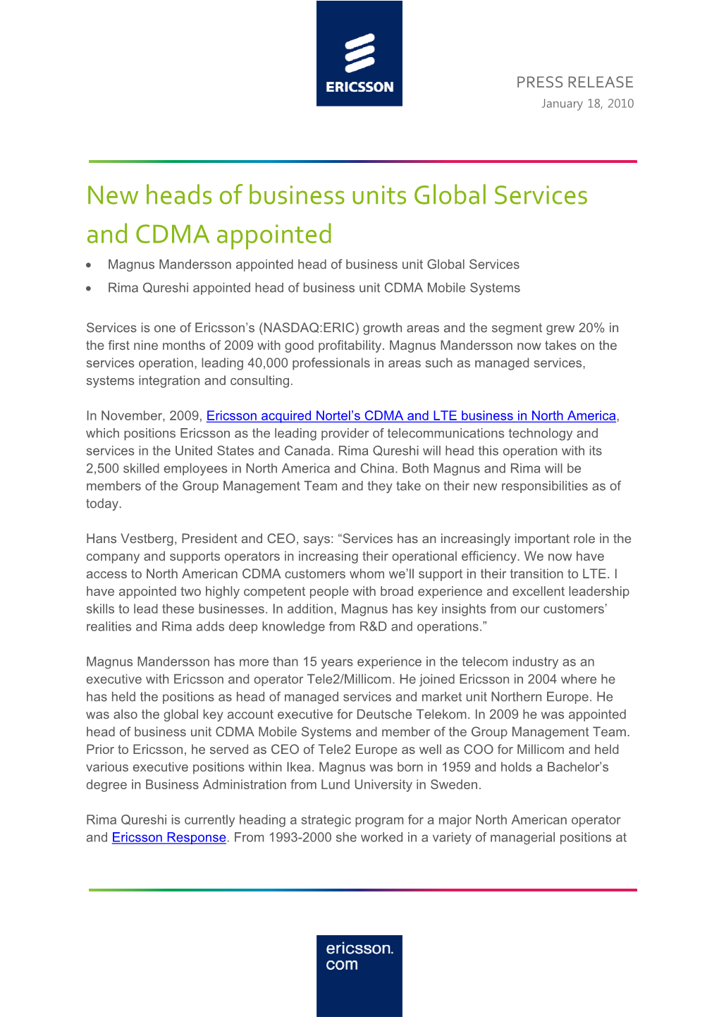 New Heads of Business Units Global Services and CDMA Appointed