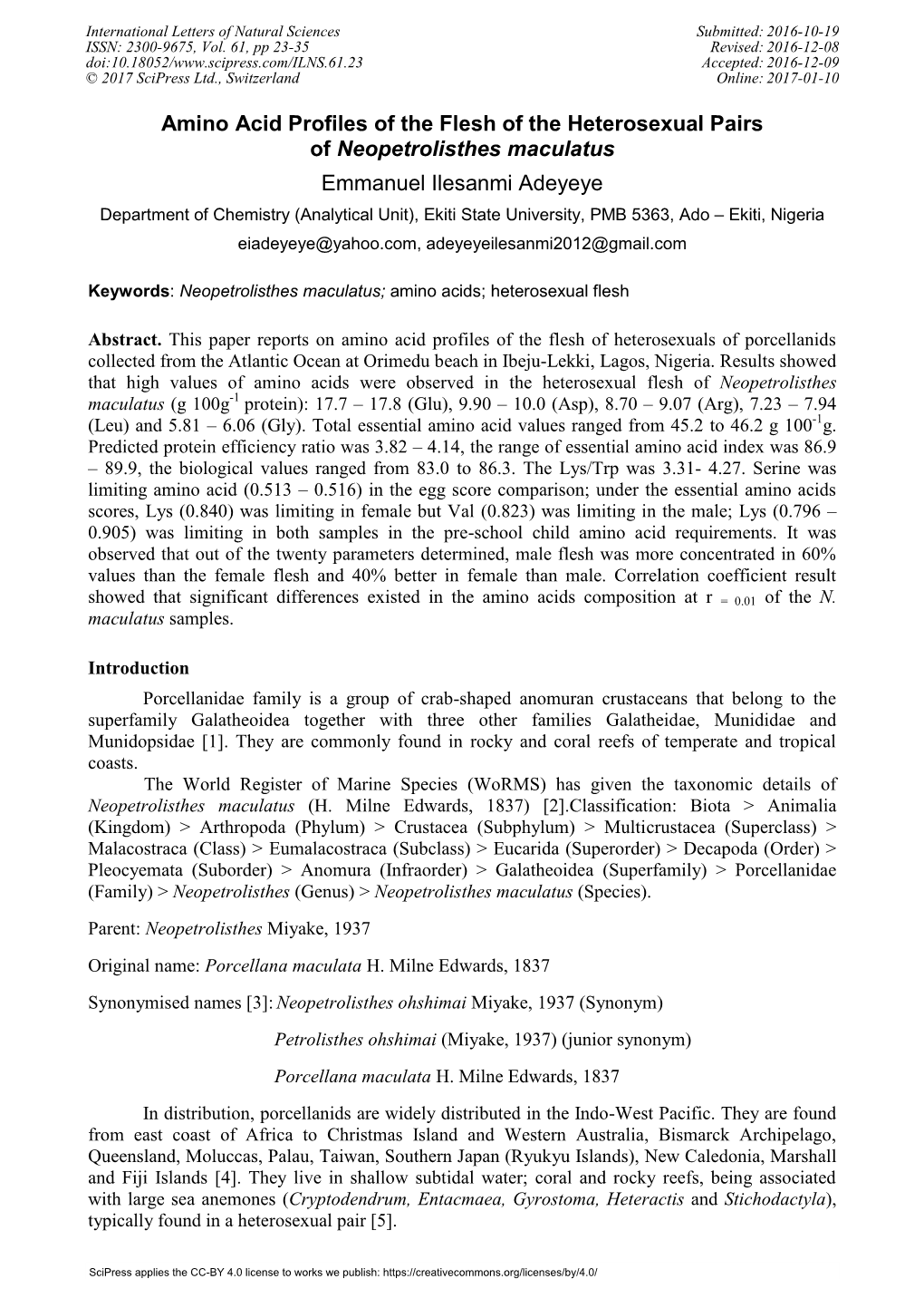 Amino Acid Profiles of the Flesh of the Heterosexual Pairs Of