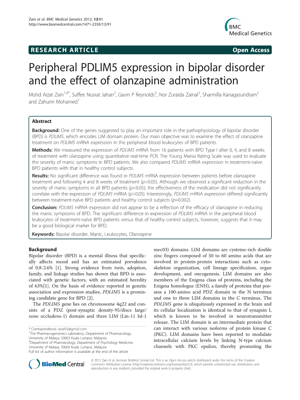 Peripheral PDLIM5 Expression in Bipolar Disorder and the Effect Of