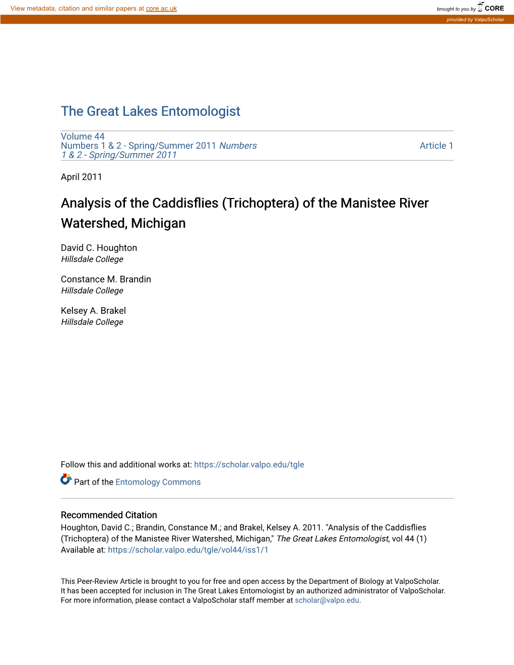 Analysis of the Caddisflies (Trichoptera) of the Manistee River Watershed, Michigan