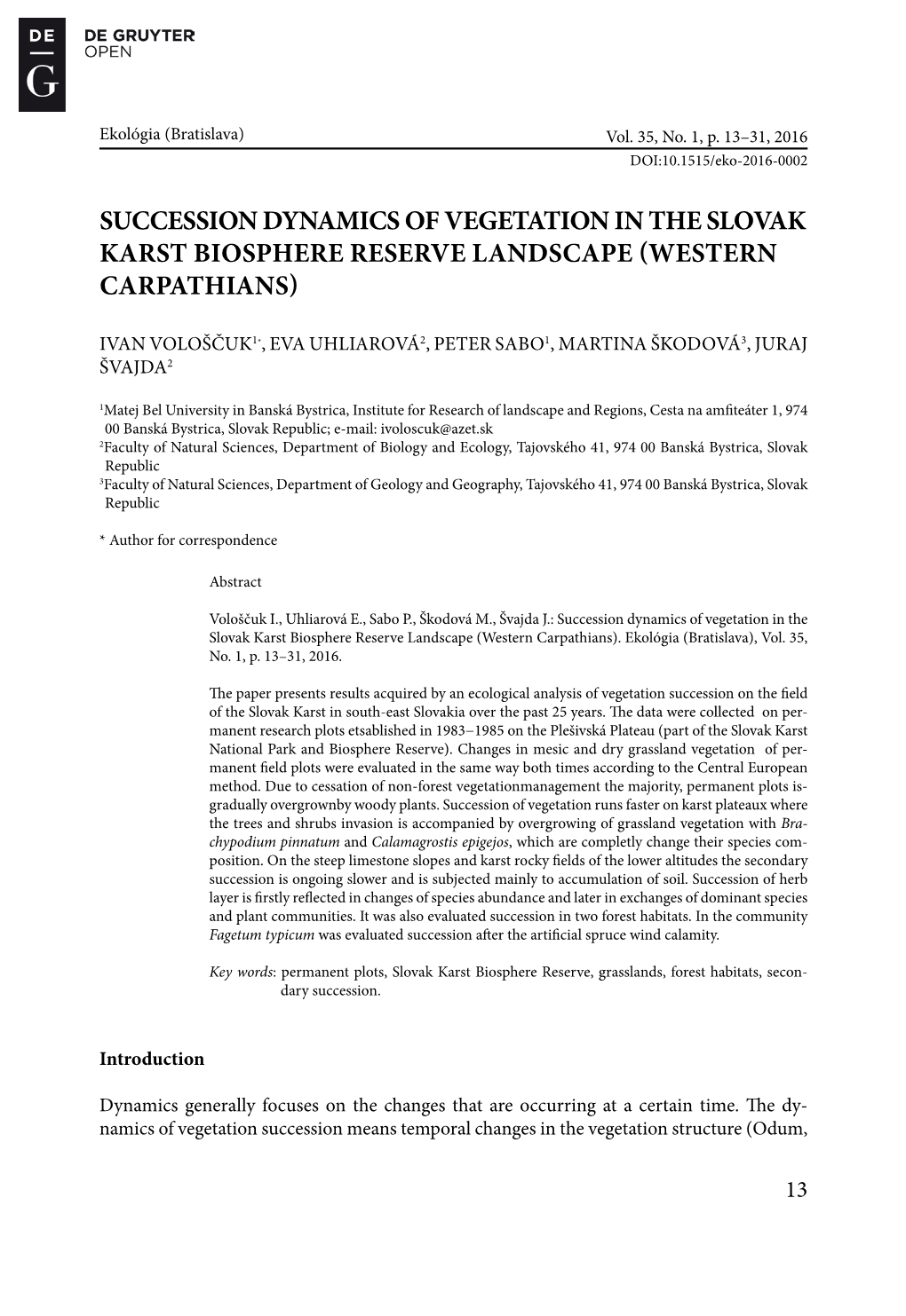 Succession Dynamics of Vegetation in the Slovak Karst Biosphere Reserve Landscape (Western Carpathians)