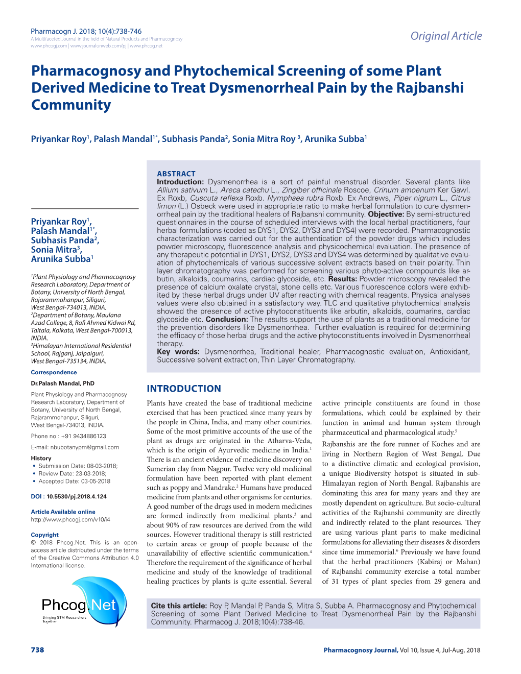 Pharmacognosy and Phytochemical Screening of Some Plant Derived Medicine to Treat Dysmenorrheal Pain by the Rajbanshi Community