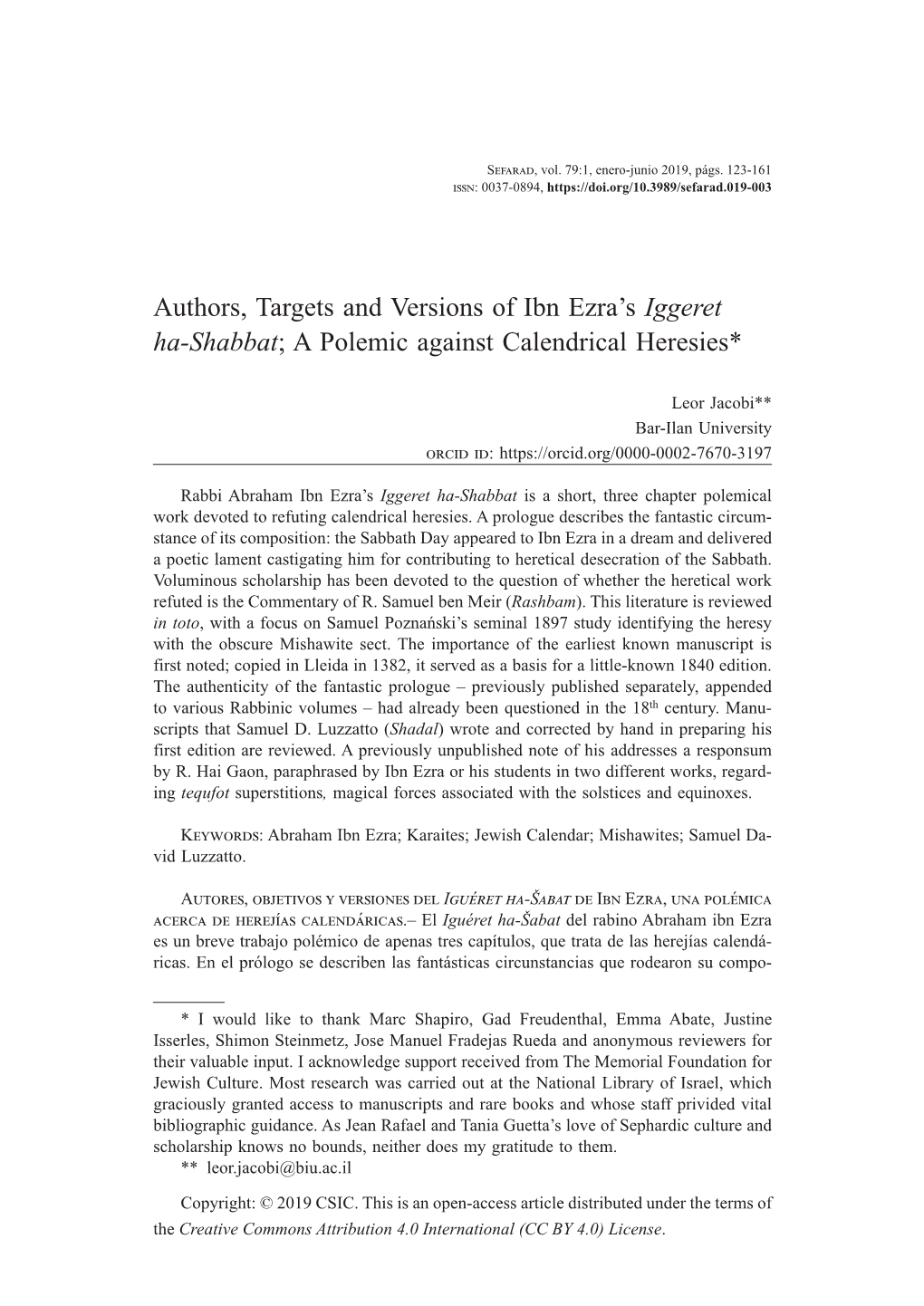Authors, Targets and Versions of Ibn Ezra's Iggeret Ha-Shabbat