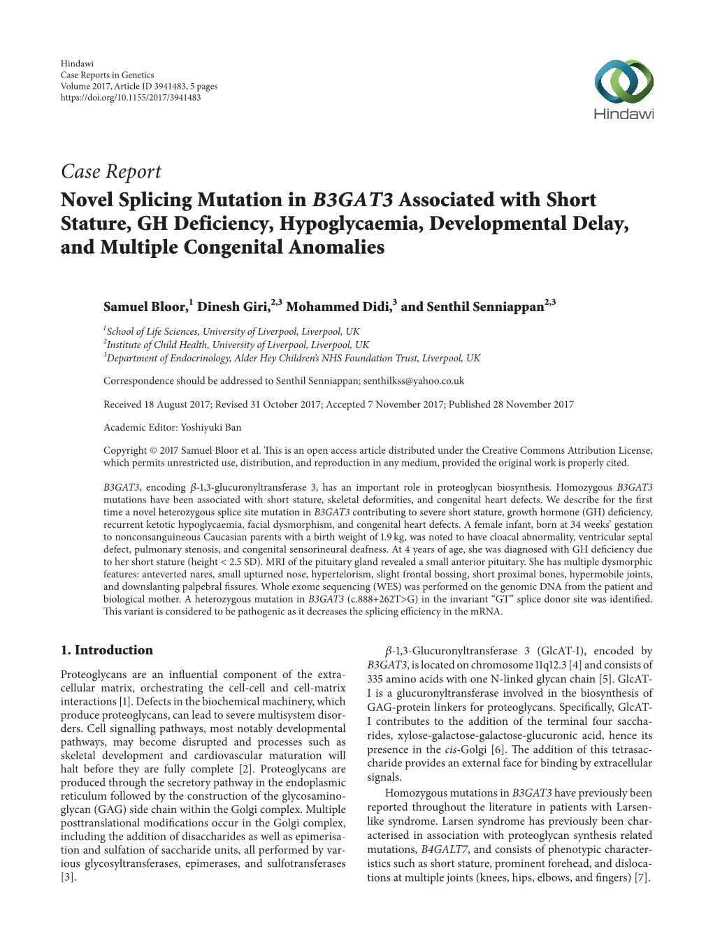 Novel Splicing Mutation in B3GAT3 Associated with Short Stature, GH Deficiency, Hypoglycaemia, Developmental Delay, and Multiple Congenital Anomalies