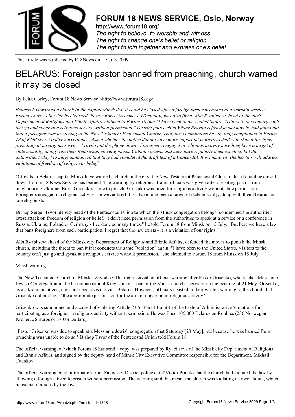 BELARUS: Foreign Pastor Banned from Preaching, Church Warned It May Be Closed