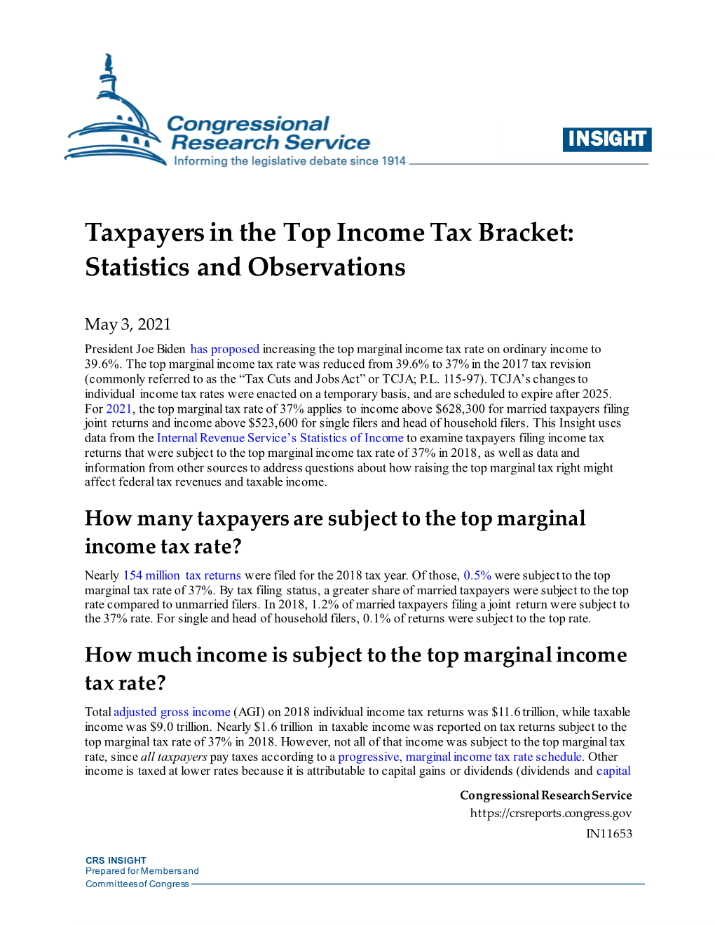 Taxpayers in the Top Income Tax Bracket: Statistics and Observations