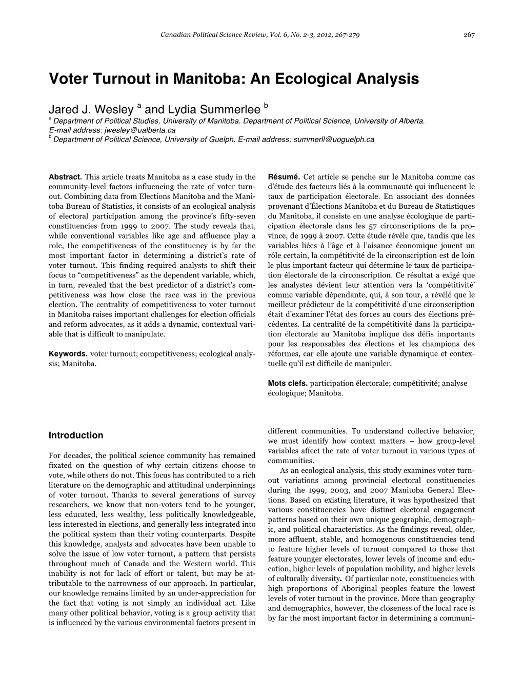 Voter Turnout in Manitoba: an Ecological Analysis