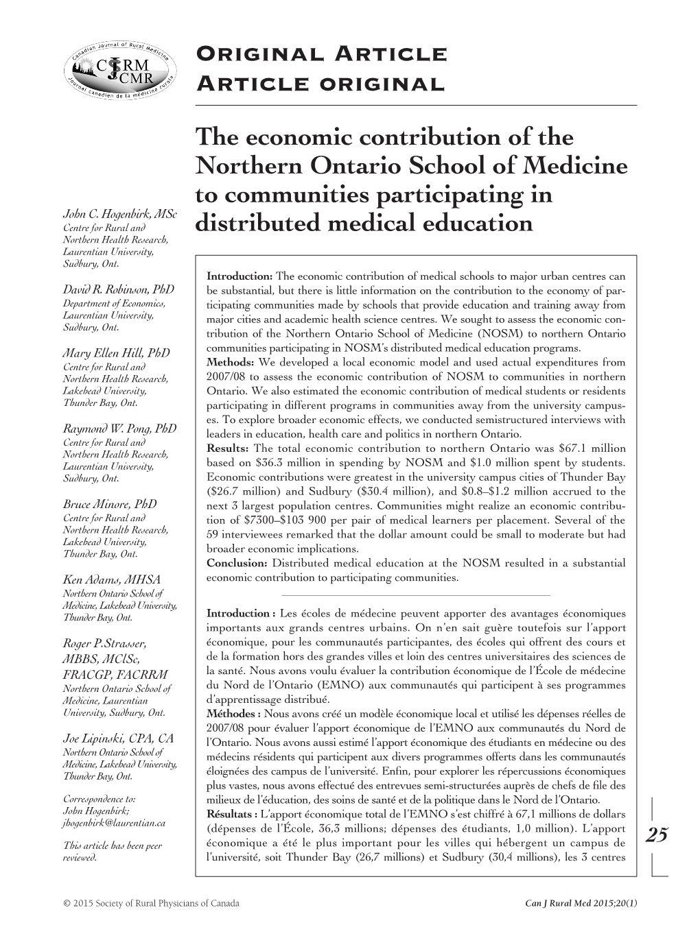 Original Article Article Original the Economic Contribution of the Northern Ontario School Of